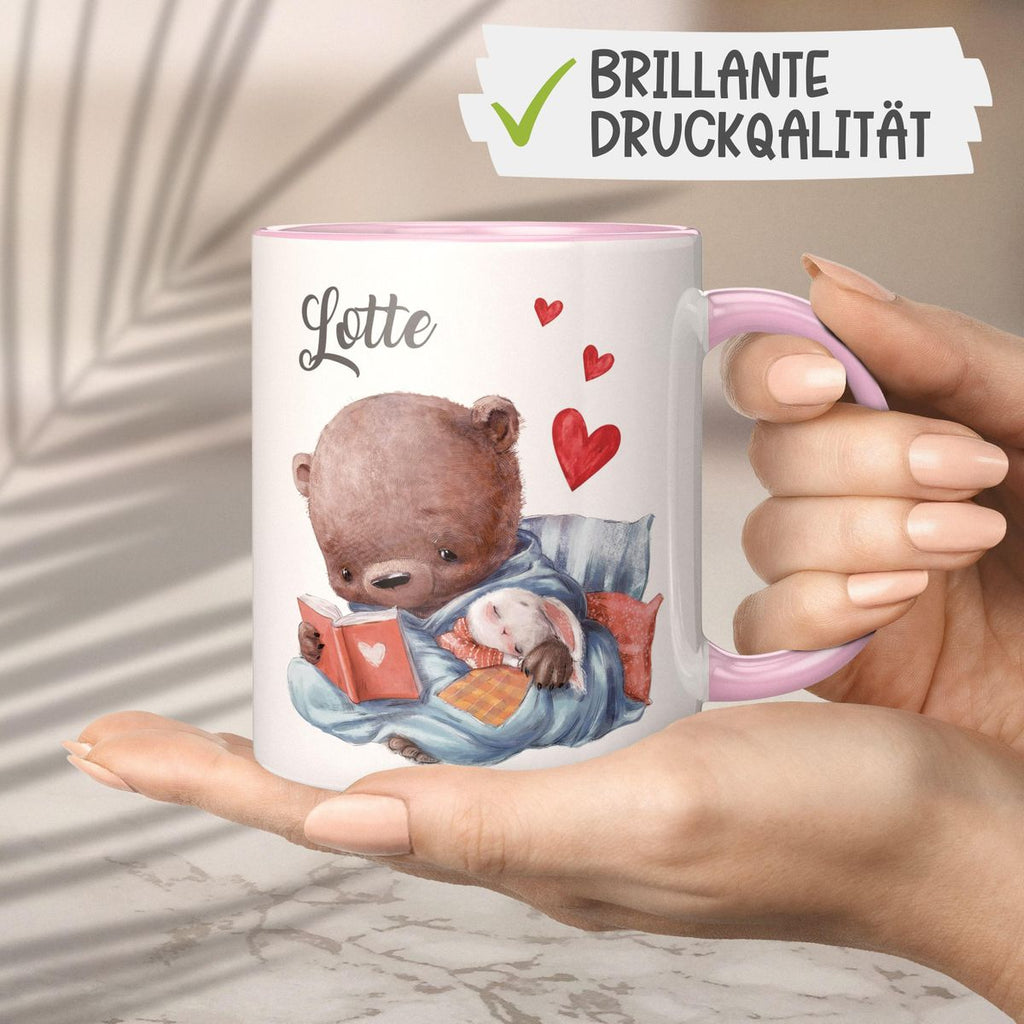 Keramik Tasse Niedlicher Bär mit schlafendem Hasen im Arm und Wunschname - von Mikalino