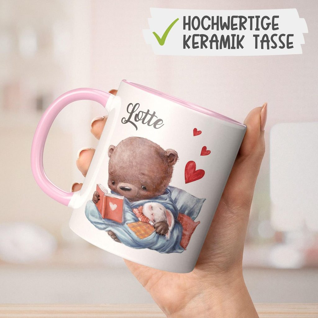 Keramik Tasse Niedlicher Bär mit schlafendem Hasen im Arm und Wunschname - von Mikalino