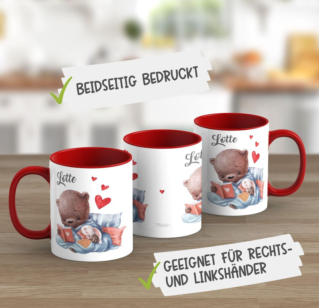 Keramik Tasse Niedlicher Bär mit schlafendem Hasen im Arm und Wunschname - von Mikalino