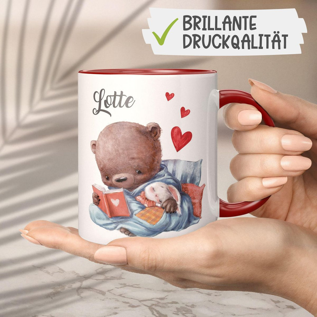 Keramik Tasse Niedlicher Bär mit schlafendem Hasen im Arm und Wunschname - von Mikalino