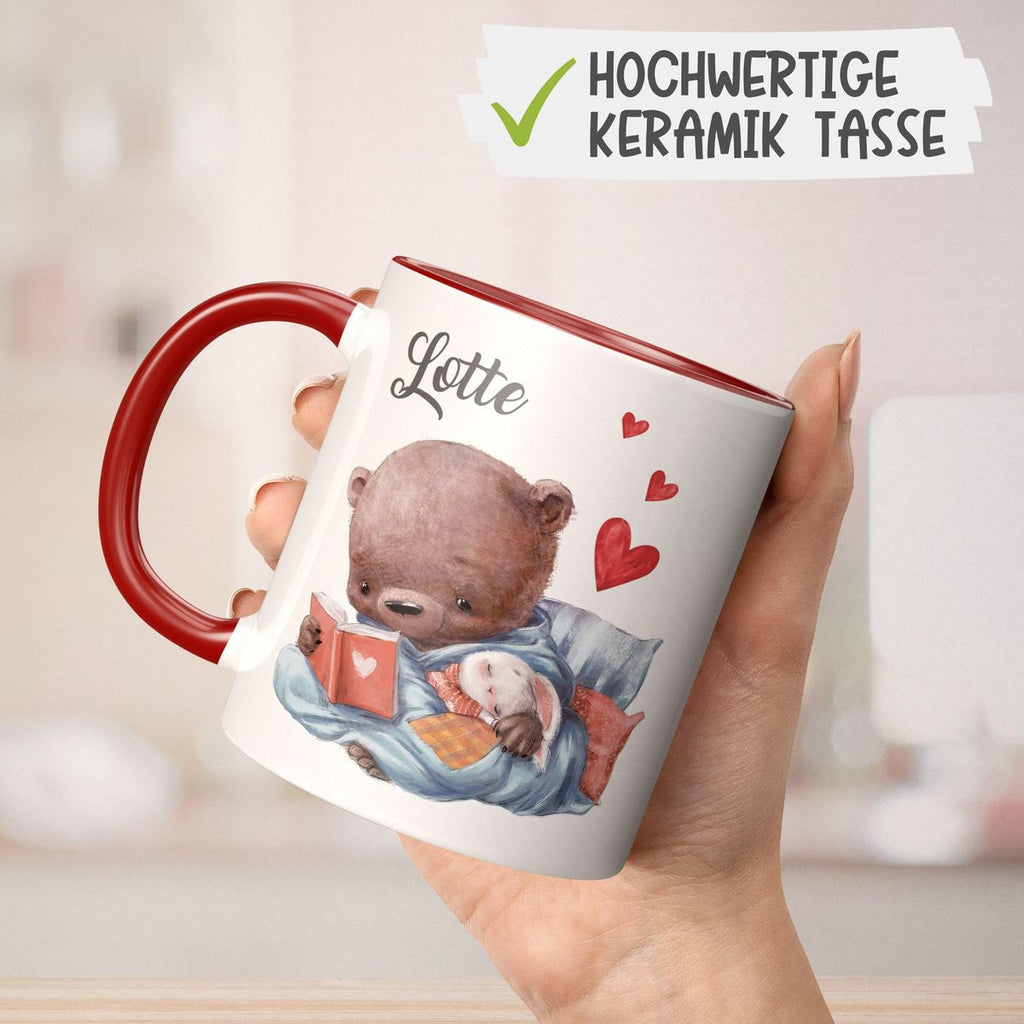 Keramik Tasse Niedlicher Bär mit schlafendem Hasen im Arm und Wunschname - von Mikalino