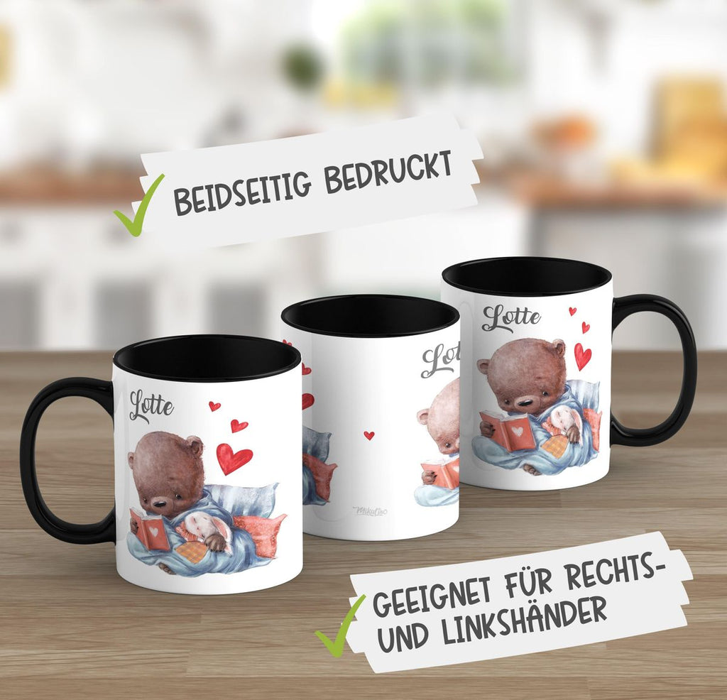 Keramik Tasse Niedlicher Bär mit schlafendem Hasen im Arm und Wunschname - von Mikalino