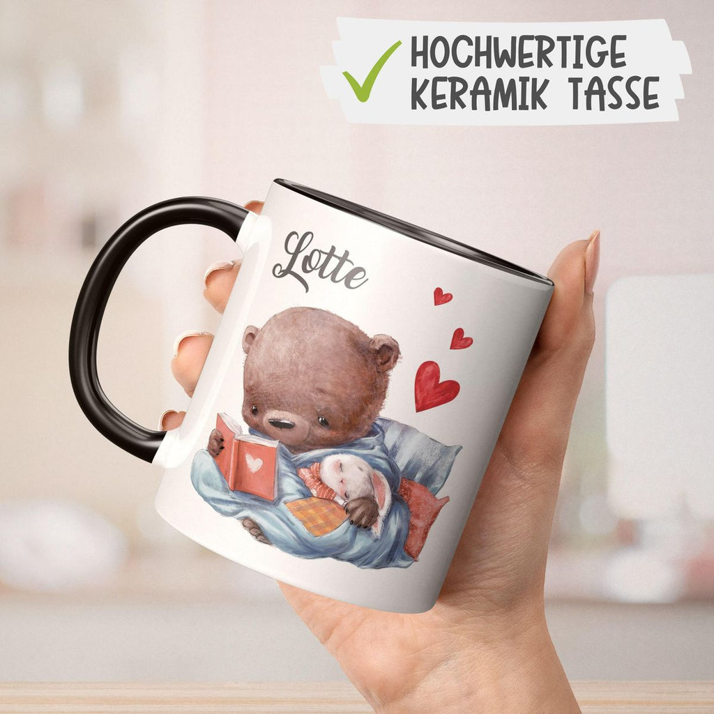 Keramik Tasse Niedlicher Bär mit schlafendem Hasen im Arm und Wunschname - von Mikalino