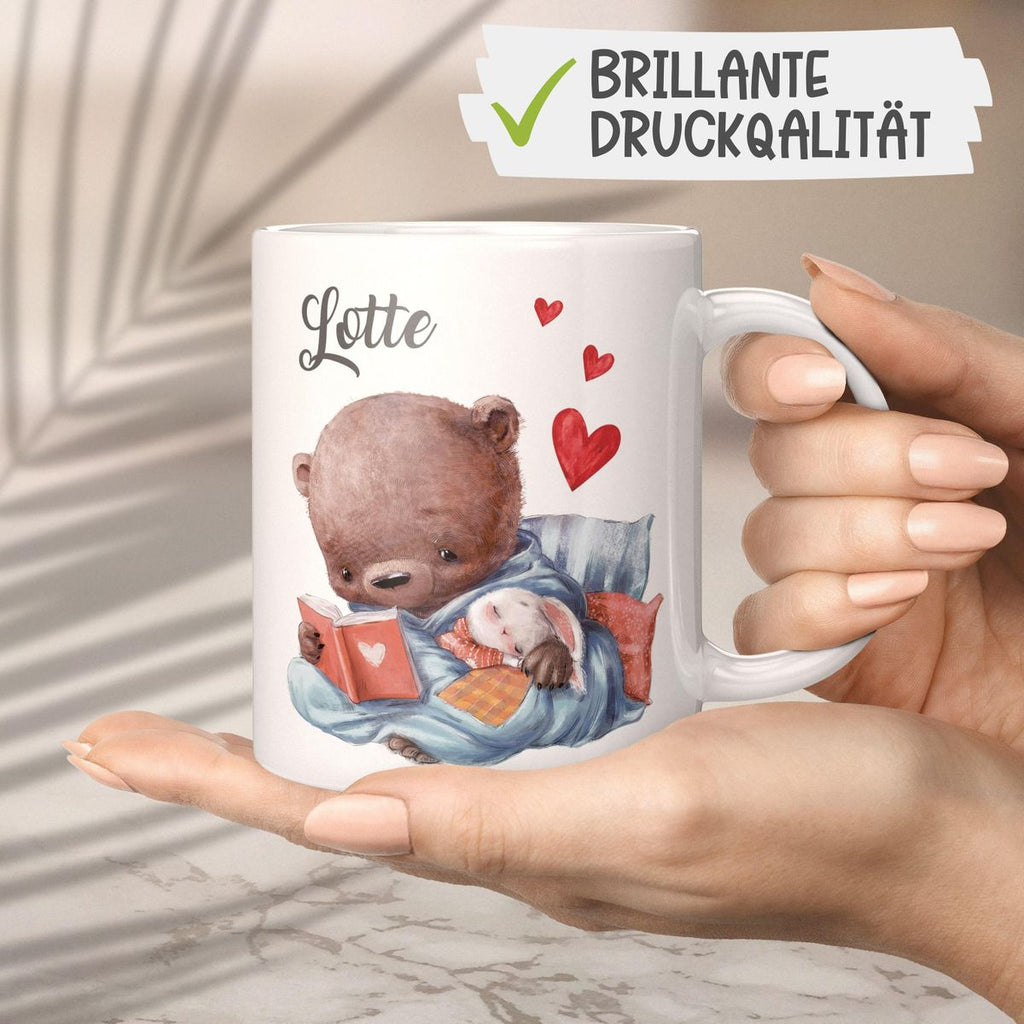 Keramik Tasse Niedlicher Bär mit schlafendem Hasen im Arm und Wunschname - von Mikalino