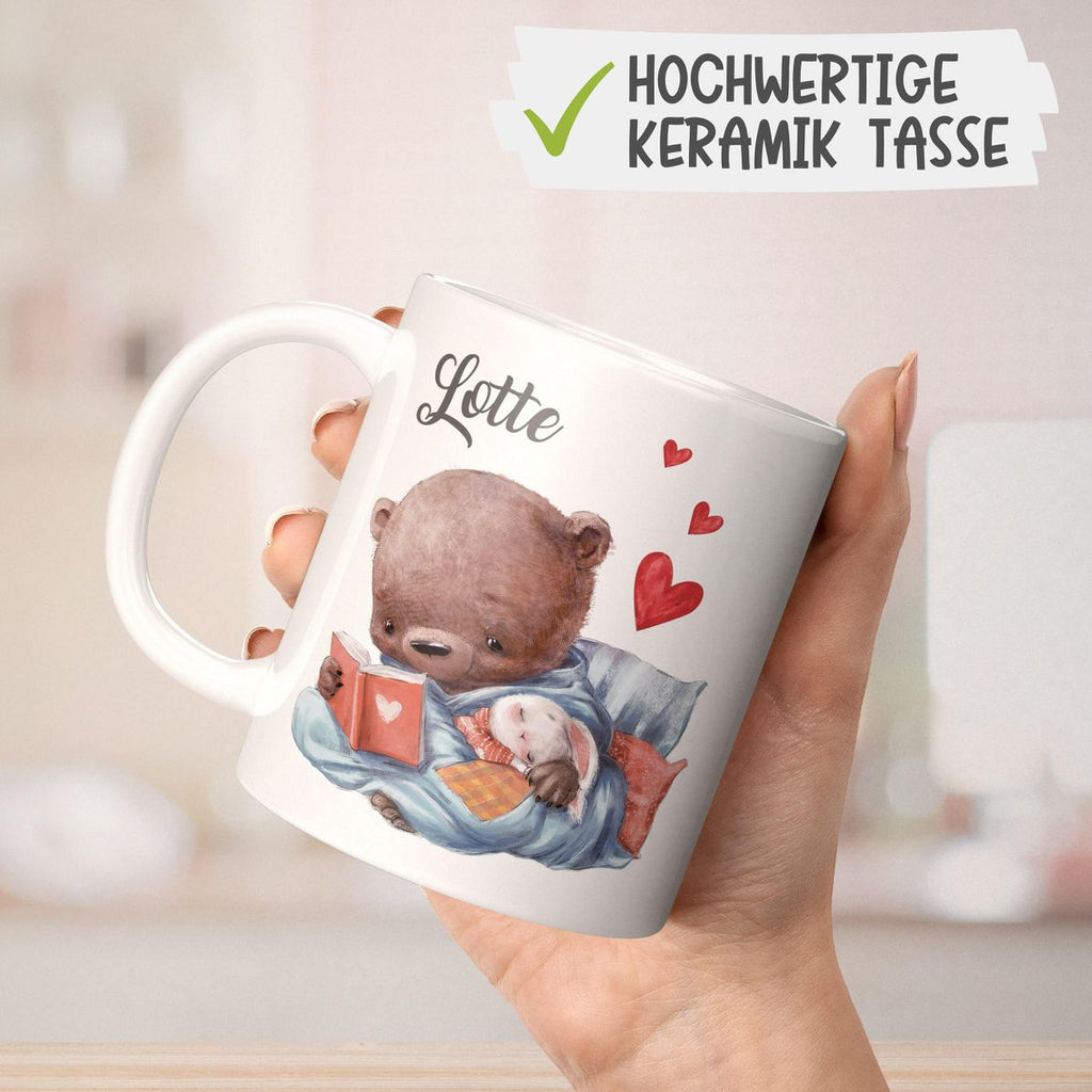 Keramik Tasse Niedlicher Bär mit schlafendem Hasen im Arm und Wunschname - von Mikalino