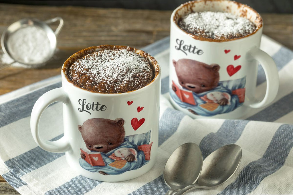 Keramik Tasse Niedlicher Bär mit schlafendem Hasen im Arm und Wunschname - von Mikalino