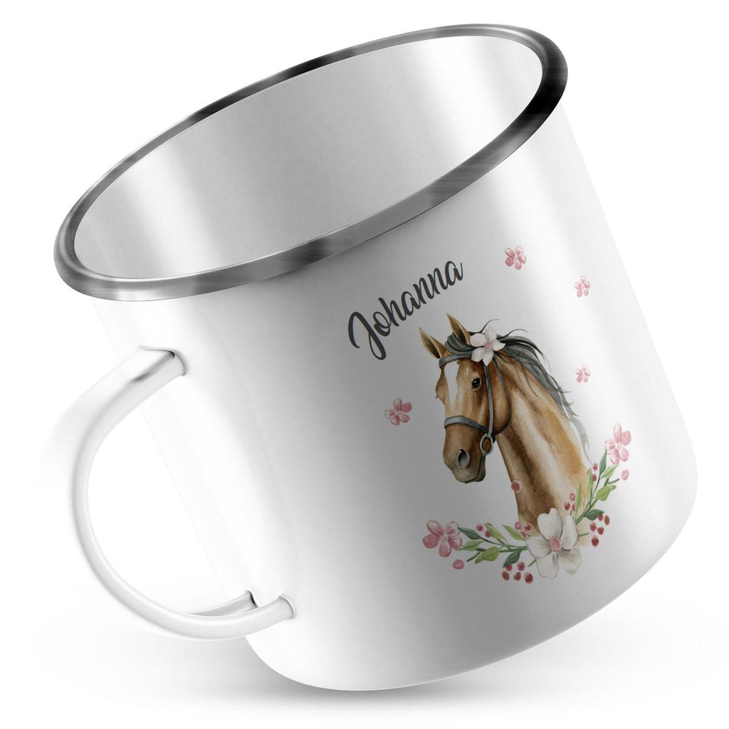 Emaille Tasse Braunes Pferd mit Blumenranke und Wunschname - von Mikalino