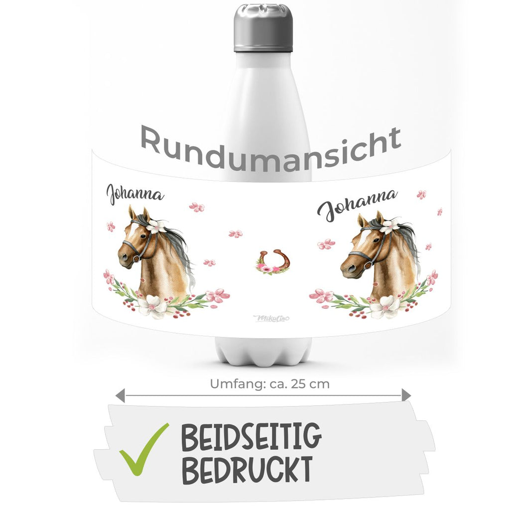 Thermo Trinkflasche Braunes Pferd mit Blumenranke und Wunschname - von Mikalino