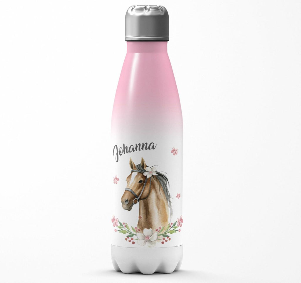 Thermo Trinkflasche Braunes Pferd mit Blumenranke und Wunschname - von Mikalino