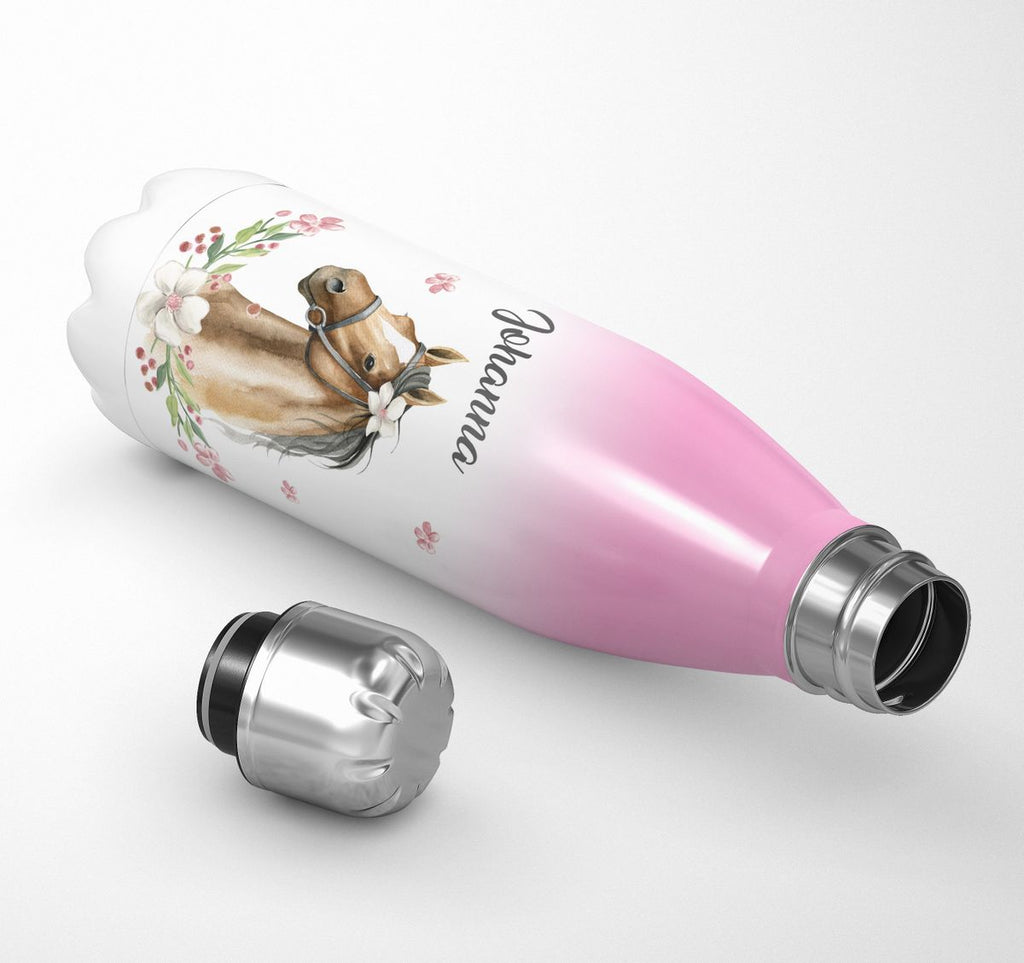 Thermo Trinkflasche Braunes Pferd mit Blumenranke und Wunschname - von Mikalino