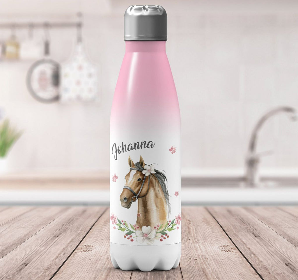 Thermo Trinkflasche Braunes Pferd mit Blumenranke und Wunschname - von Mikalino