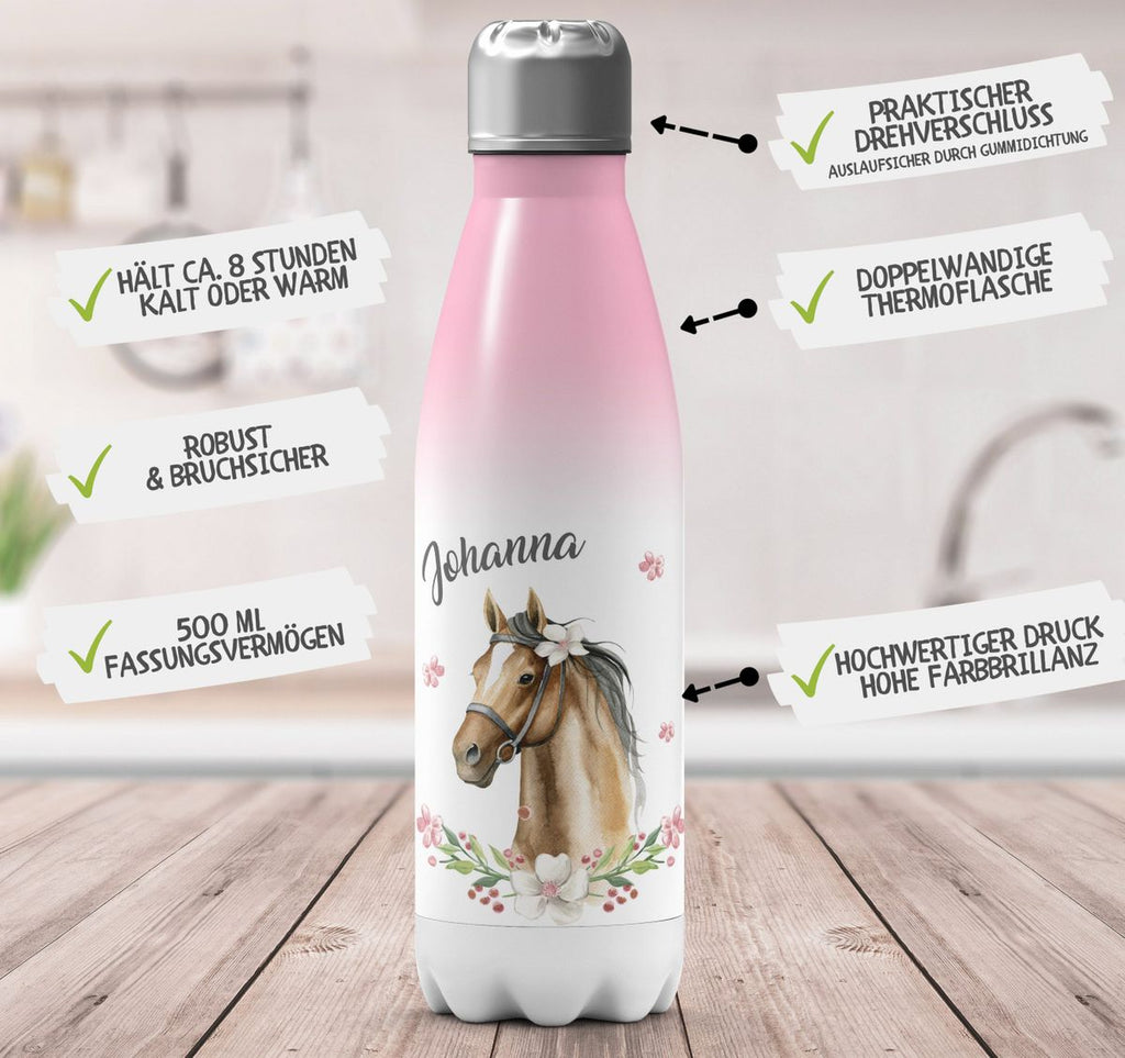 Thermo Trinkflasche Braunes Pferd mit Blumenranke und Wunschname - von Mikalino