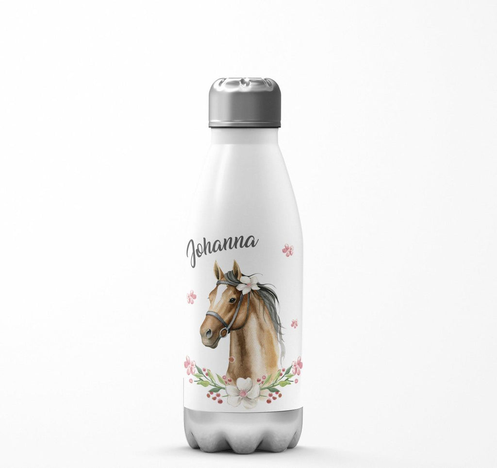 Thermo Trinkflasche Braunes Pferd mit Blumenranke und Wunschname - von Mikalino