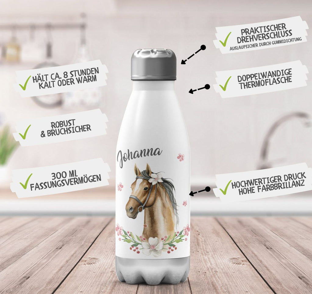 Thermo Trinkflasche Braunes Pferd mit Blumenranke und Wunschname - von Mikalino