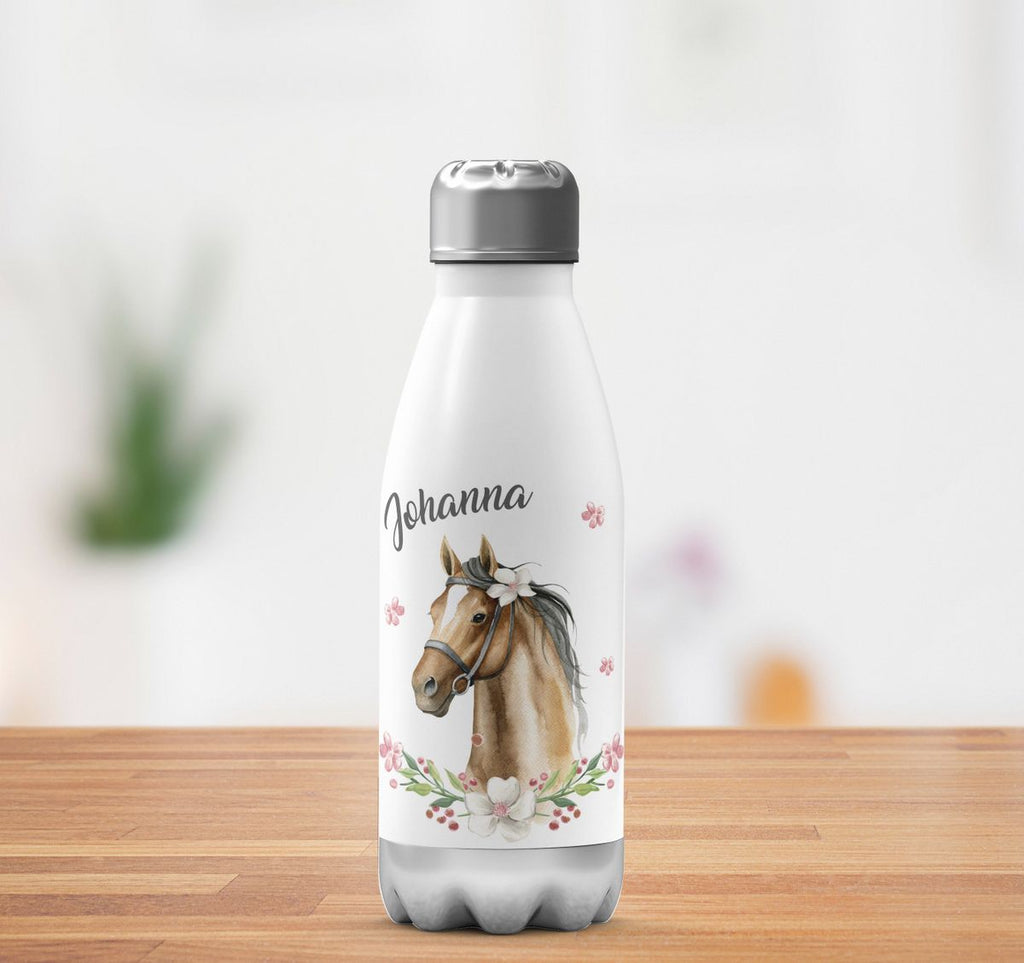 Thermo Trinkflasche Braunes Pferd mit Blumenranke und Wunschname - von Mikalino