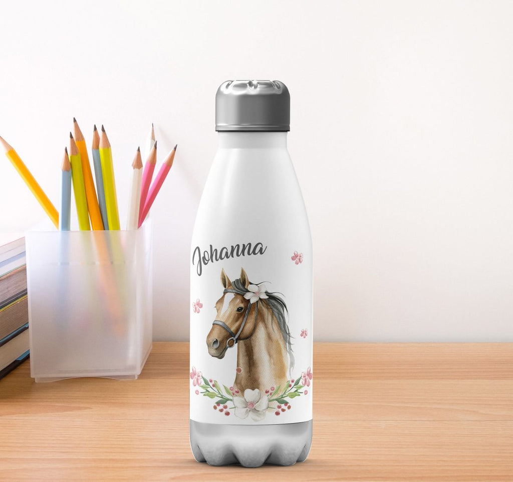 Thermo Trinkflasche Braunes Pferd mit Blumenranke und Wunschname - von Mikalino