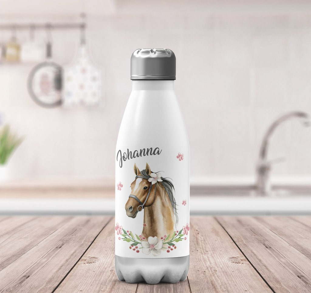 Thermo Trinkflasche Braunes Pferd mit Blumenranke und Wunschname - von Mikalino