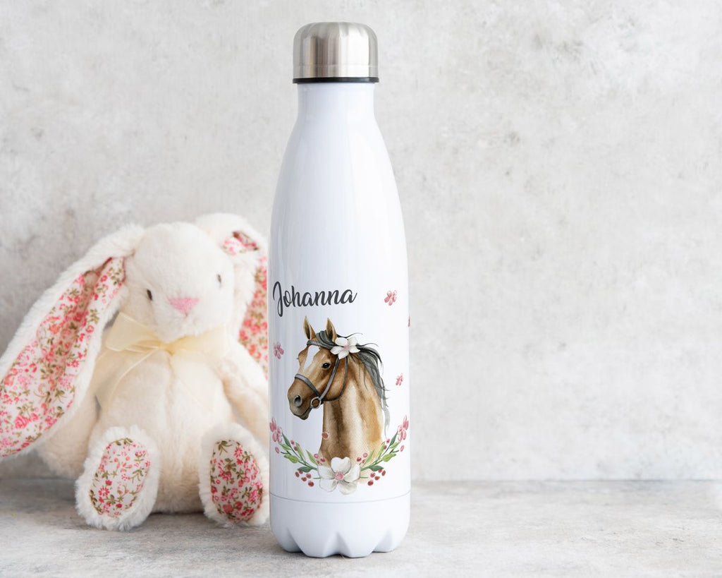 Thermo Trinkflasche Braunes Pferd mit Blumenranke und Wunschname - von Mikalino