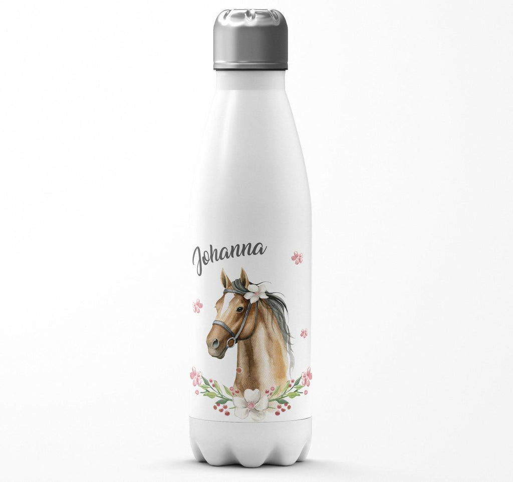 Thermo Trinkflasche Braunes Pferd mit Blumenranke und Wunschname - von Mikalino