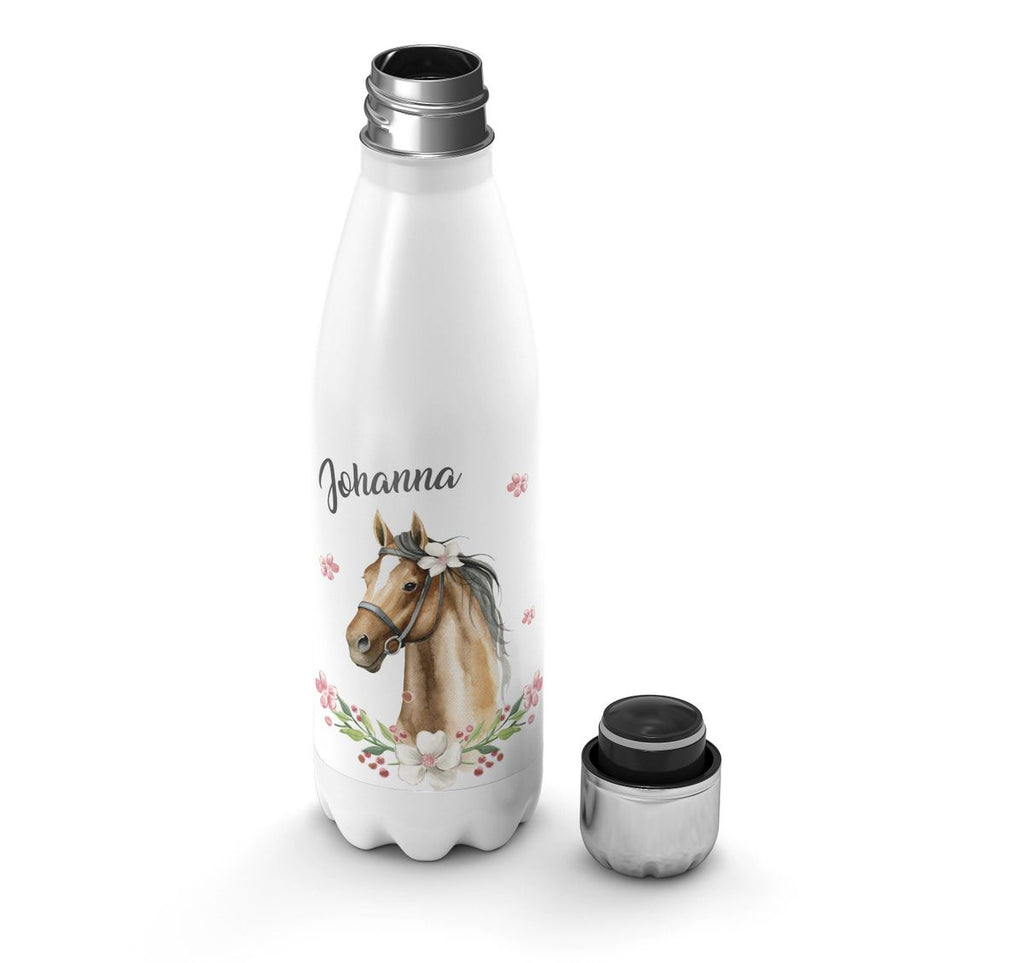 Thermo Trinkflasche Braunes Pferd mit Blumenranke und Wunschname - von Mikalino