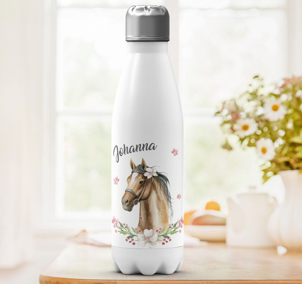 Thermo Trinkflasche Braunes Pferd mit Blumenranke und Wunschname - von Mikalino