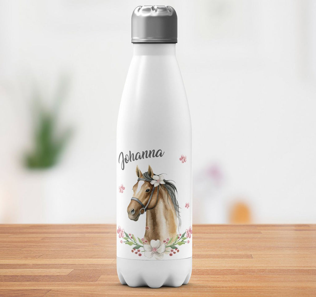 Thermo Trinkflasche Braunes Pferd mit Blumenranke und Wunschname - von Mikalino