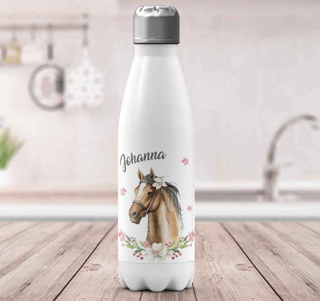 Thermo Trinkflasche Braunes Pferd mit Blumenranke und Wunschname - von Mikalino