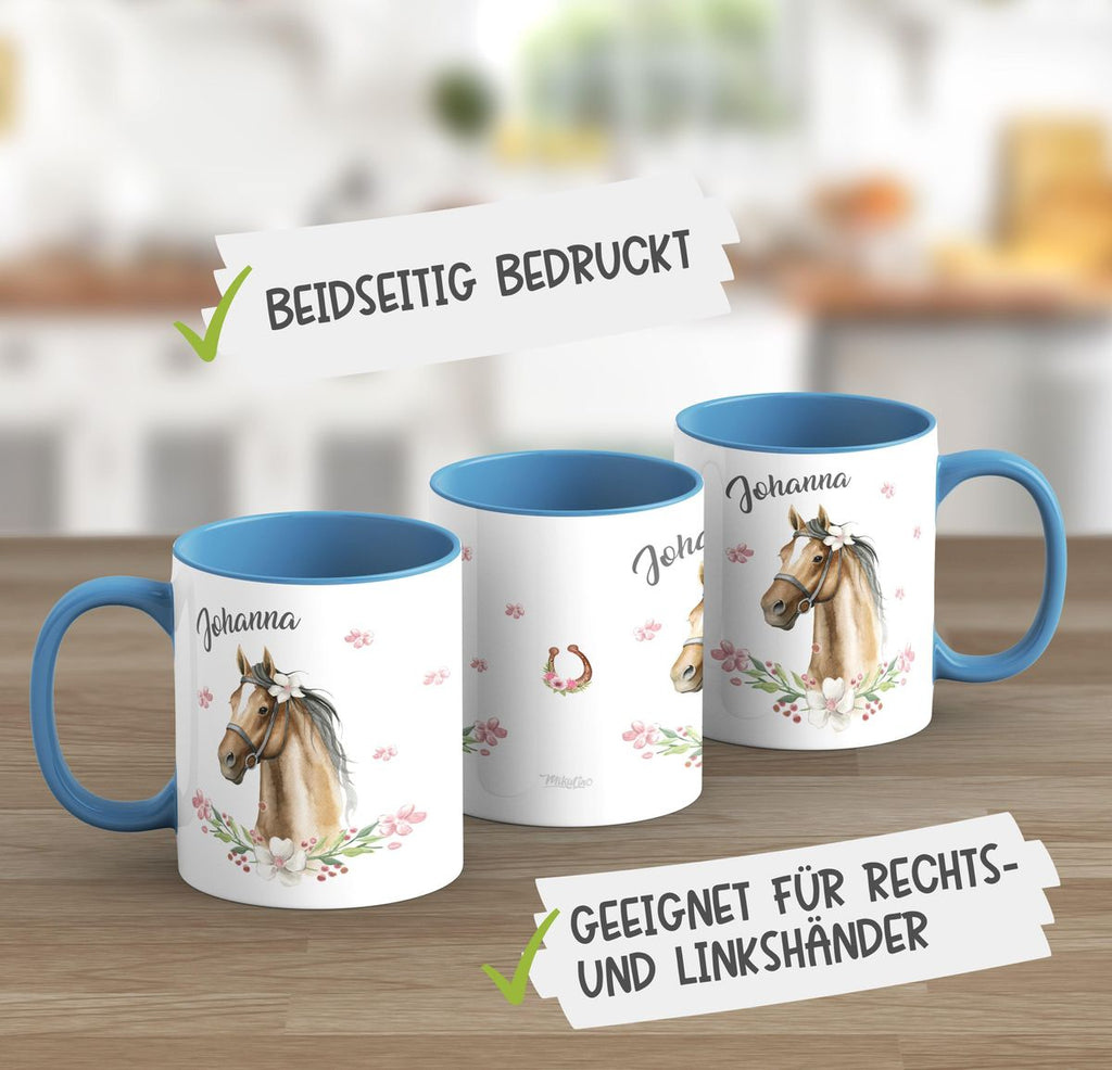 Keramik Tasse Braunes Pferd mit Blumenranke und Wunschname - von Mikalino