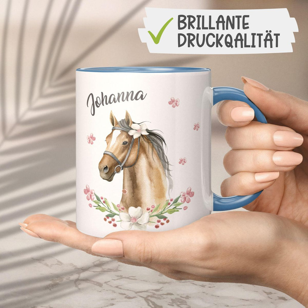 Keramik Tasse Braunes Pferd mit Blumenranke und Wunschname - von Mikalino