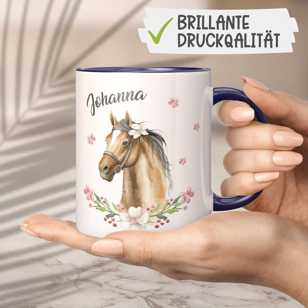 Keramik Tasse Braunes Pferd mit Blumenranke und Wunschname - von Mikalino