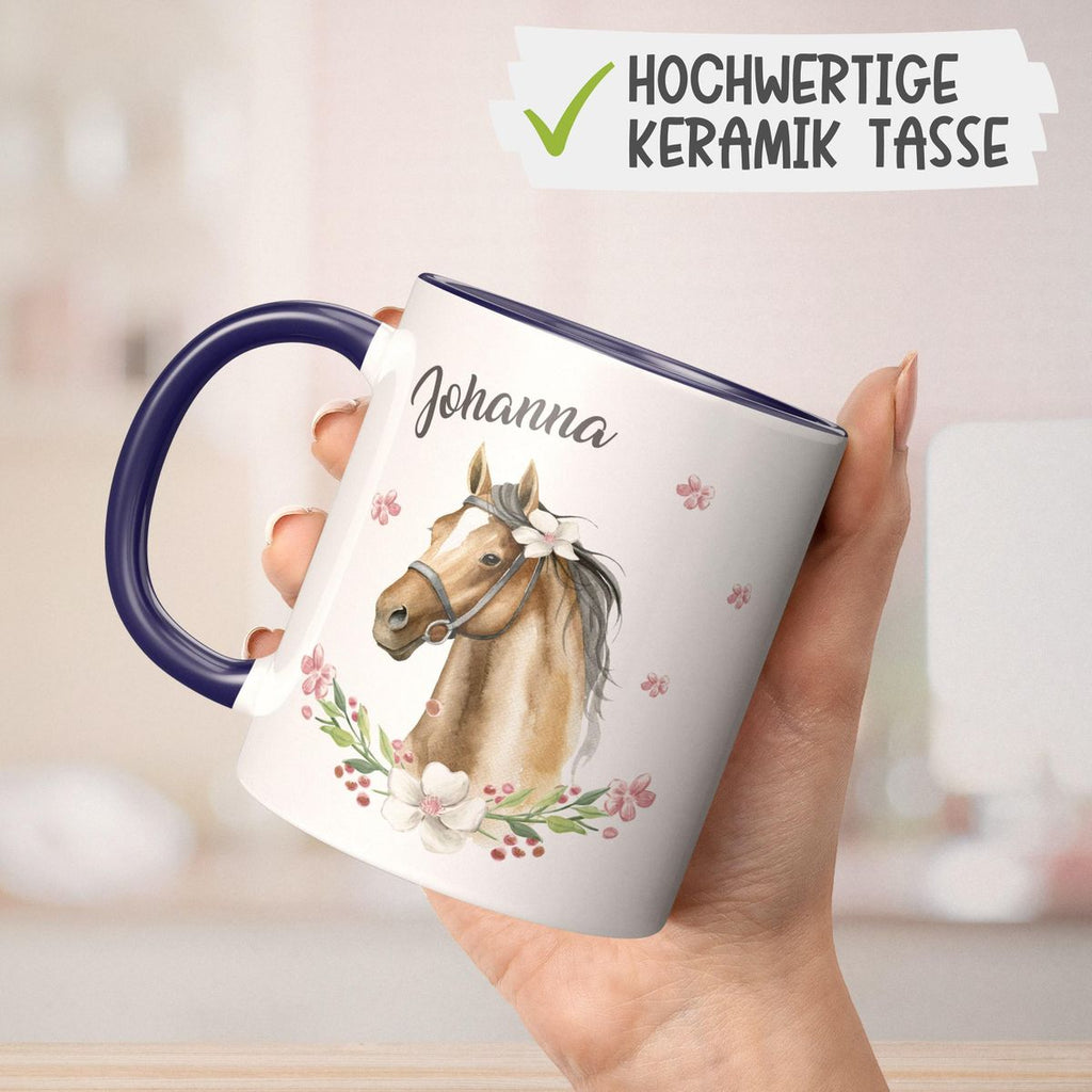 Keramik Tasse Braunes Pferd mit Blumenranke und Wunschname - von Mikalino