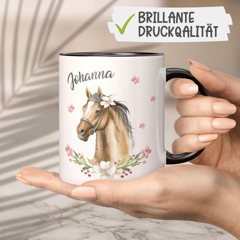 Keramik Tasse Braunes Pferd mit Blumenranke und Wunschname - von Mikalino