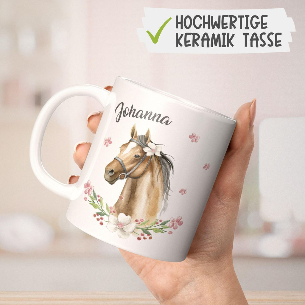 Keramik Tasse Braunes Pferd mit Blumenranke und Wunschname - von Mikalino