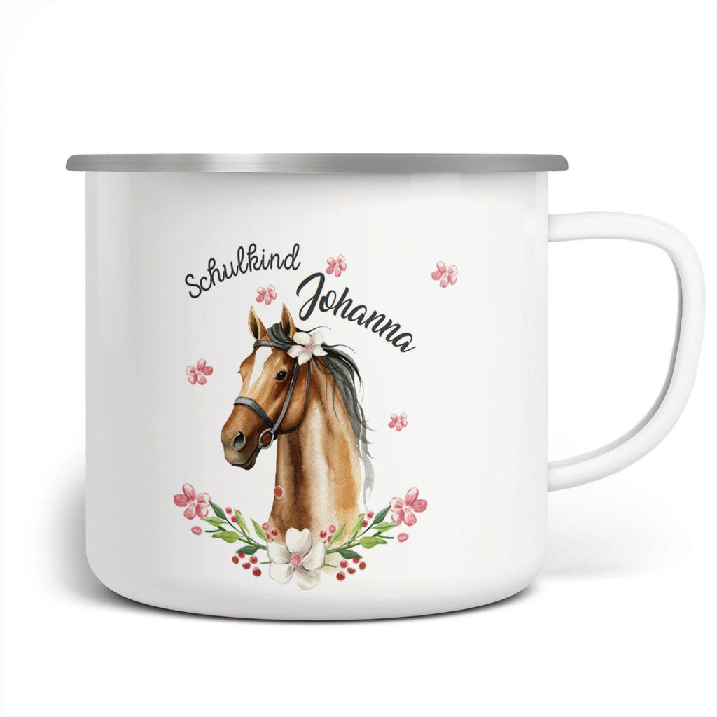 Emaille Tasse Schulkind braunes Pferd mit Blumenranke und Wunschname - von Mikalino