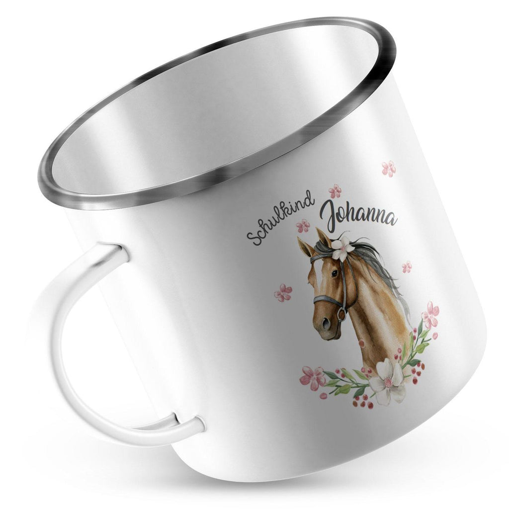 Emaille Tasse Schulkind braunes Pferd mit Blumenranke und Wunschname - von Mikalino