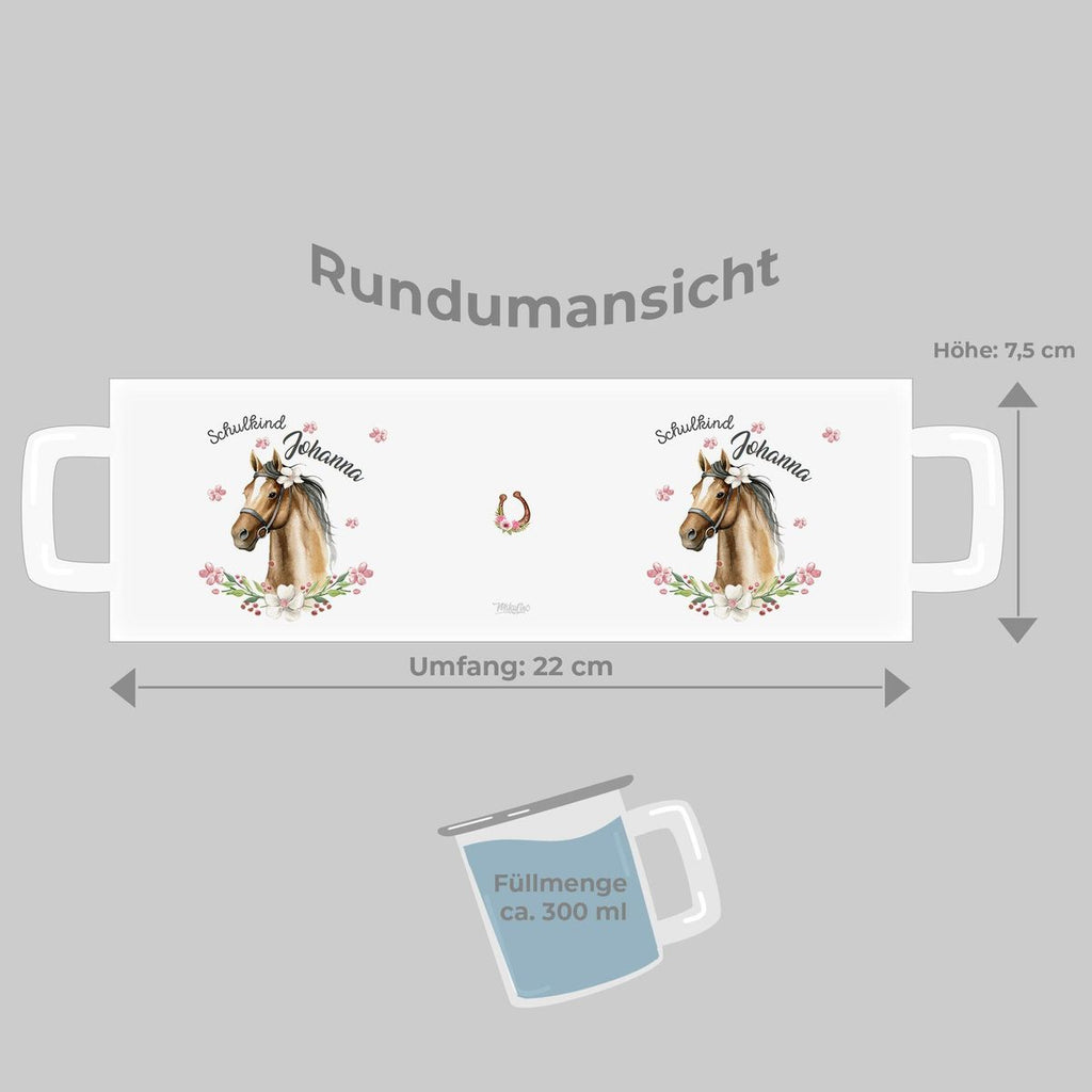 Emaille Tasse Schulkind braunes Pferd mit Blumenranke und Wunschname - von Mikalino