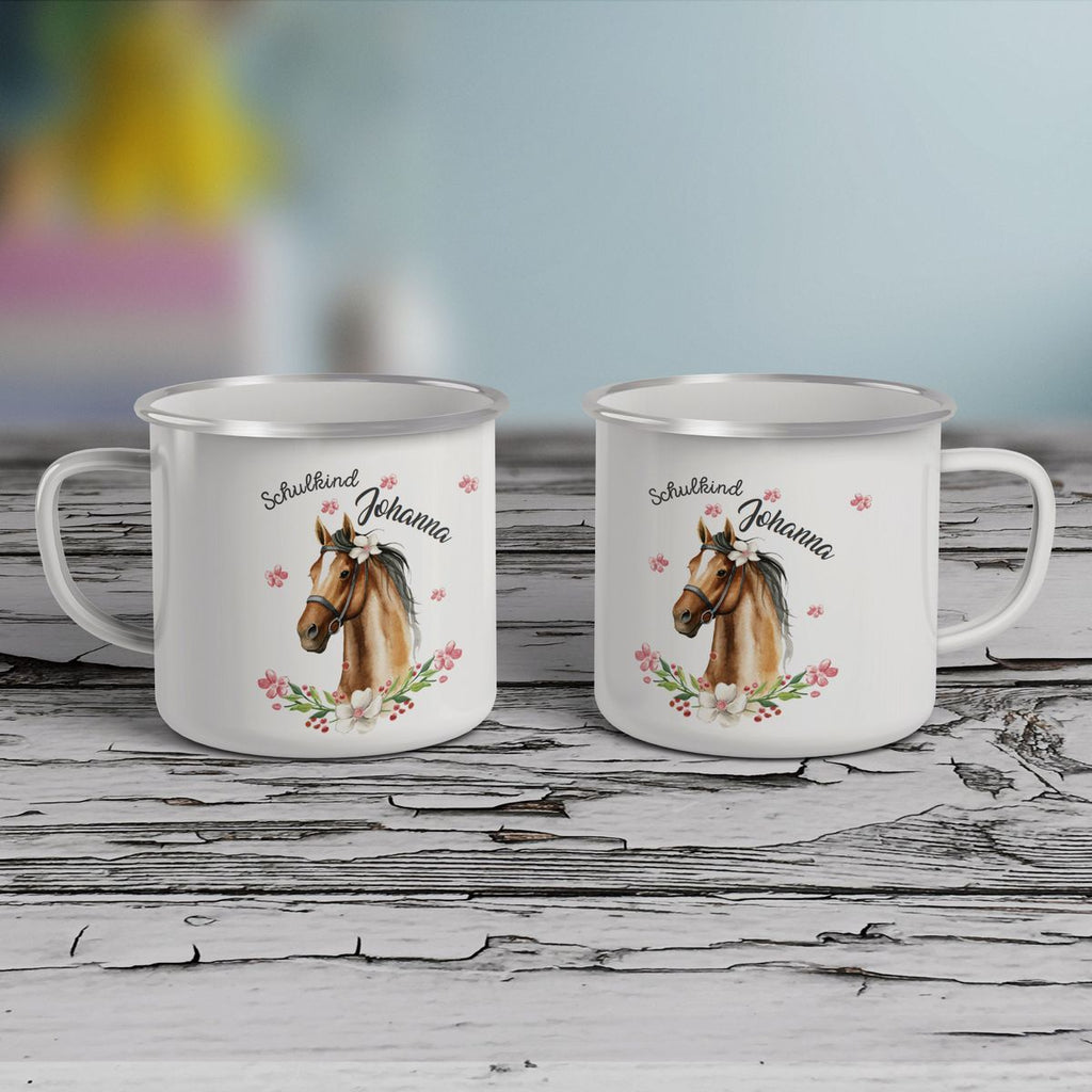 Emaille Tasse Schulkind braunes Pferd mit Blumenranke und Wunschname - von Mikalino