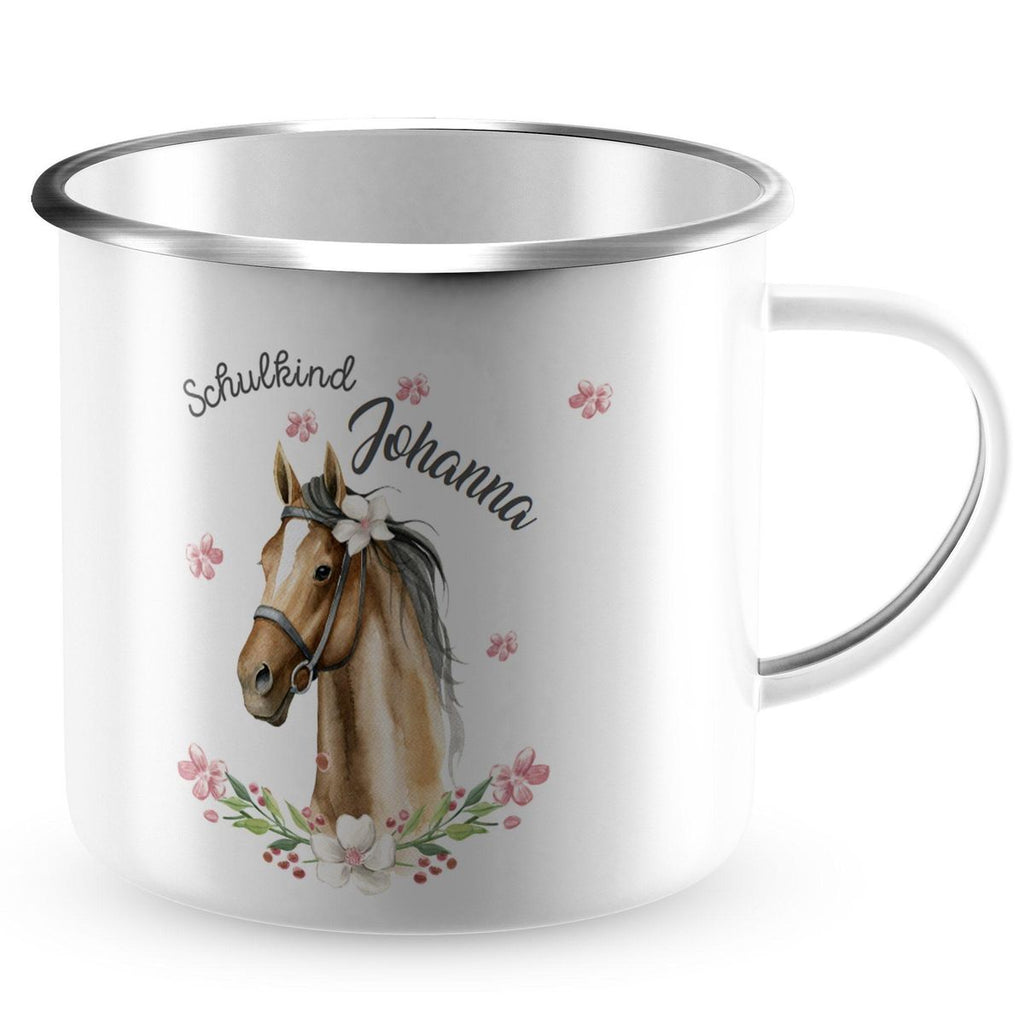 Emaille Tasse Schulkind braunes Pferd mit Blumenranke und Wunschname - von Mikalino