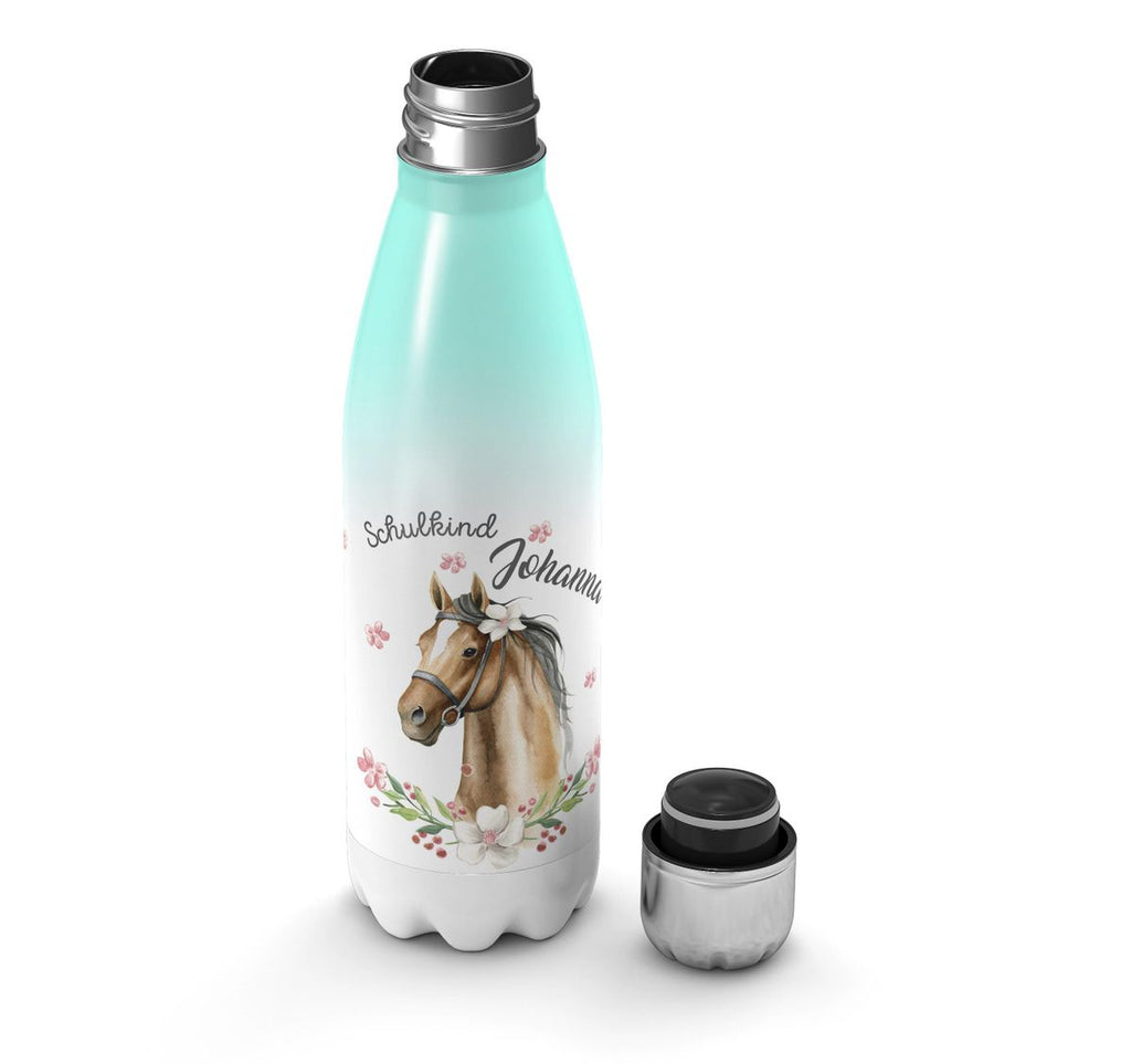 Thermo Trinkflasche Schulkind braunes Pferd mit Blumenranke und Wunschname - von Mikalino