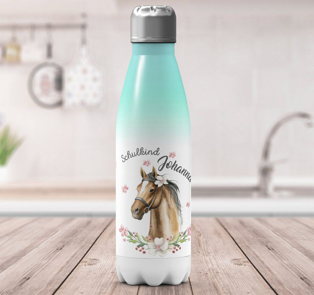 Thermo Trinkflasche Schulkind braunes Pferd mit Blumenranke und Wunschname - von Mikalino