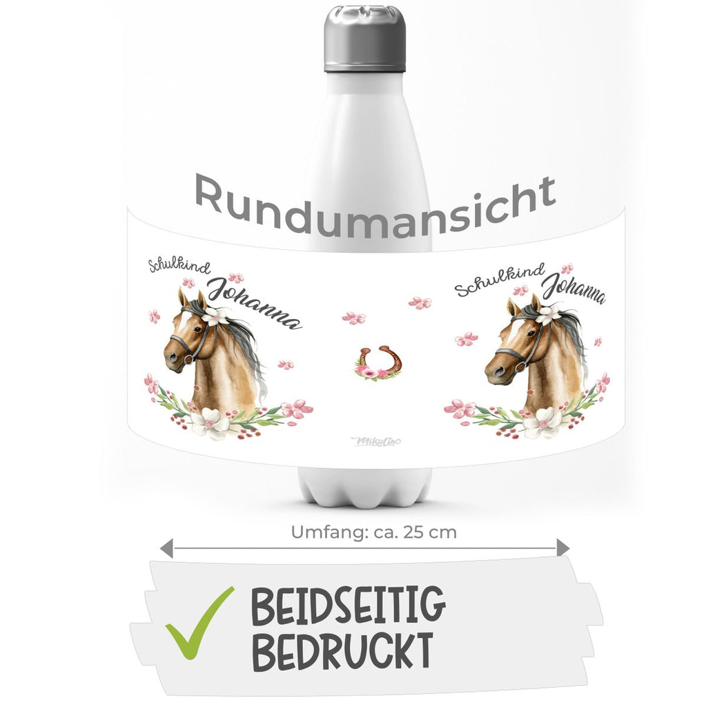 Thermo Trinkflasche Schulkind braunes Pferd mit Blumenranke und Wunschname - von Mikalino