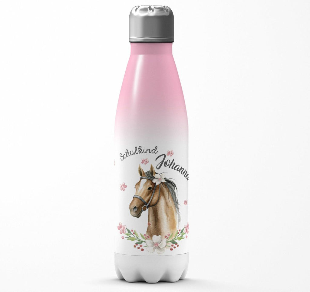 Thermo Trinkflasche Schulkind braunes Pferd mit Blumenranke und Wunschname - von Mikalino