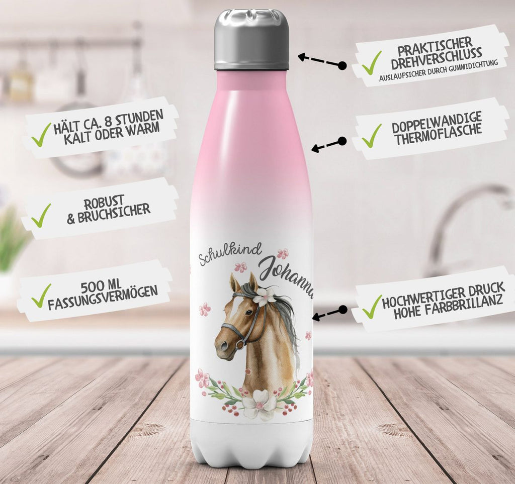 Thermo Trinkflasche Schulkind braunes Pferd mit Blumenranke und Wunschname - von Mikalino