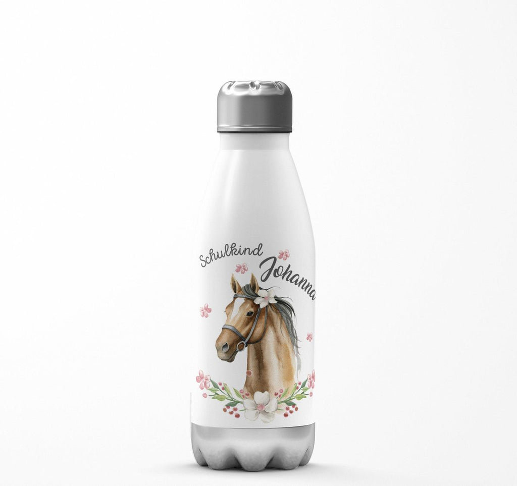 Thermo Trinkflasche Schulkind braunes Pferd mit Blumenranke und Wunschname - von Mikalino