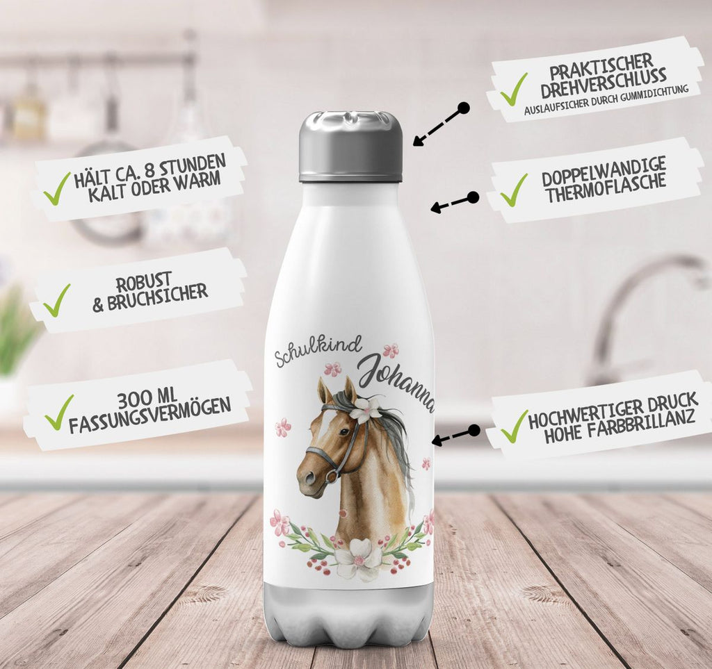 Thermo Trinkflasche Schulkind braunes Pferd mit Blumenranke und Wunschname - von Mikalino