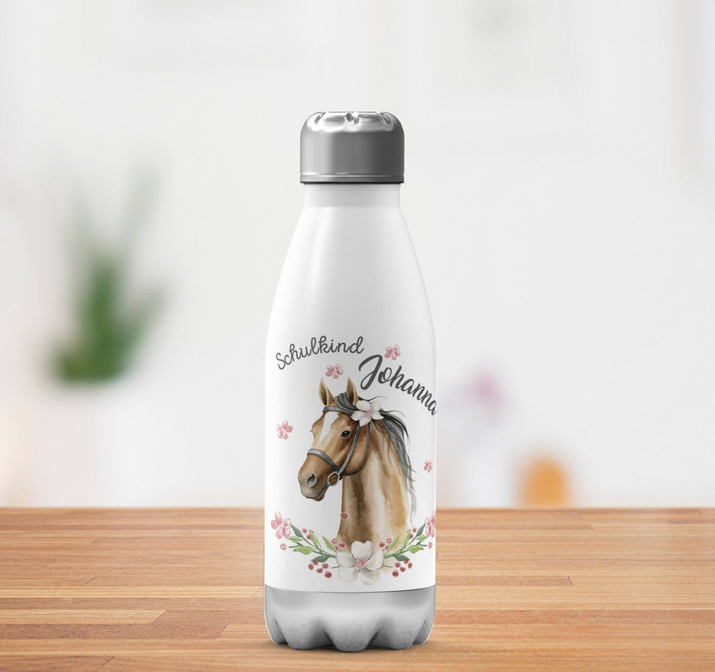 Thermo Trinkflasche Schulkind braunes Pferd mit Blumenranke und Wunschname - von Mikalino