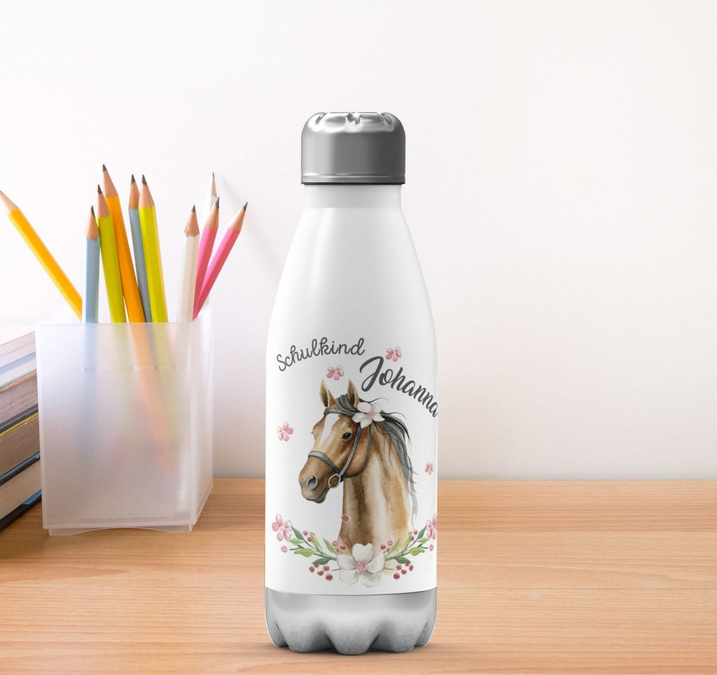 Thermo Trinkflasche Schulkind braunes Pferd mit Blumenranke und Wunschname - von Mikalino