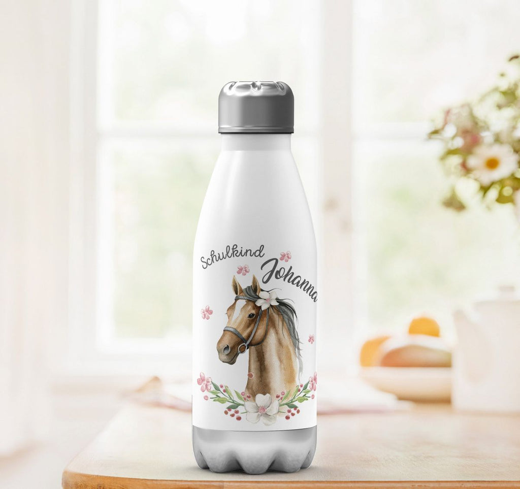 Thermo Trinkflasche Schulkind braunes Pferd mit Blumenranke und Wunschname - von Mikalino