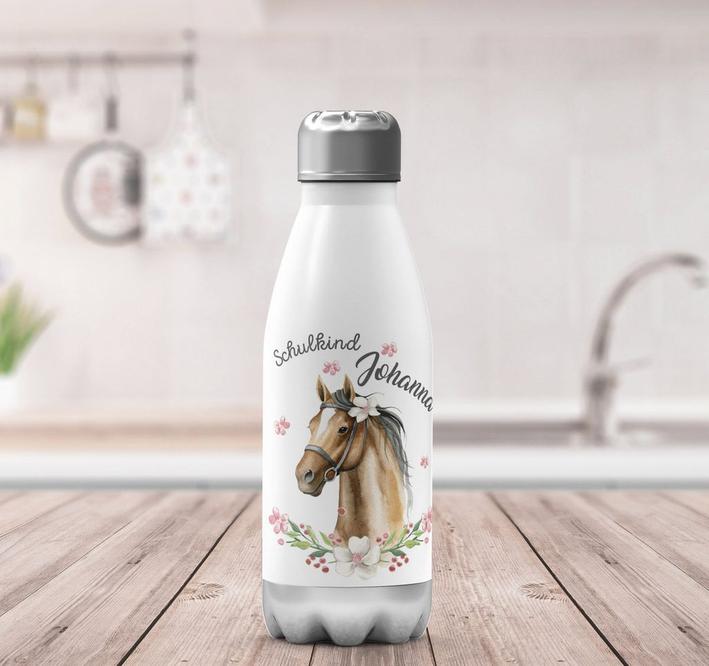 Thermo Trinkflasche Schulkind braunes Pferd mit Blumenranke und Wunschname - von Mikalino