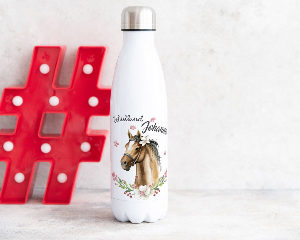 Thermo Trinkflasche Schulkind braunes Pferd mit Blumenranke und Wunschname - von Mikalino